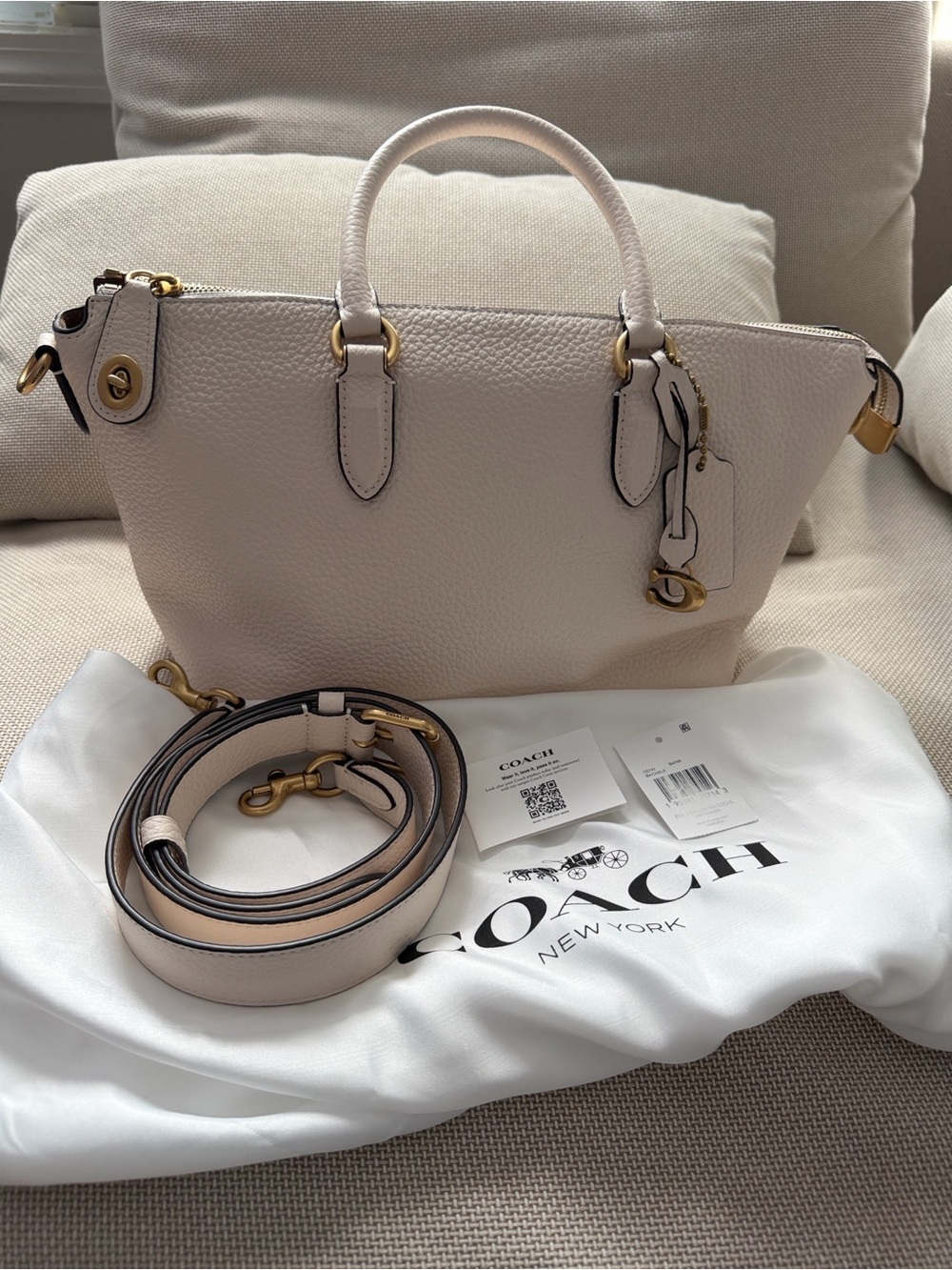 NWT Coach Klare Pebbled Leather Satchel Handbag in chalk.
